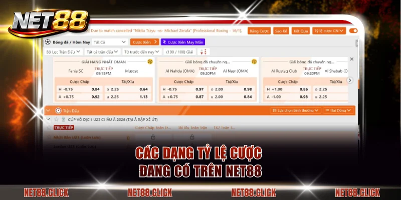 Các dạng tỷ lệ cược đang có trên NET88