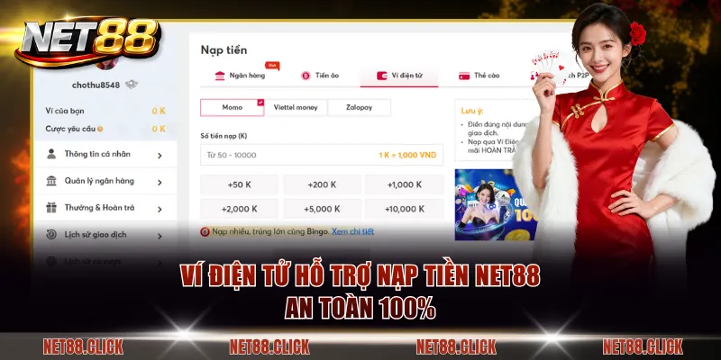 Ví điện tử hỗ trợ nạp tiền NET88 an toàn 100%